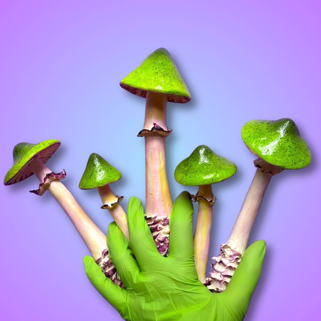 Handmade green papier-mâché mushrooms held in glove – DIY toadstool craft on purple background