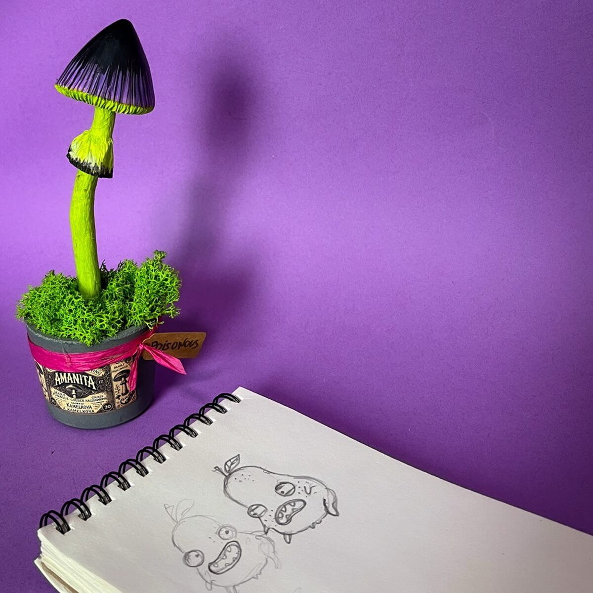 Bright green mushroom pencil with purple base and moss – handmade papier-mâché fantasy decor