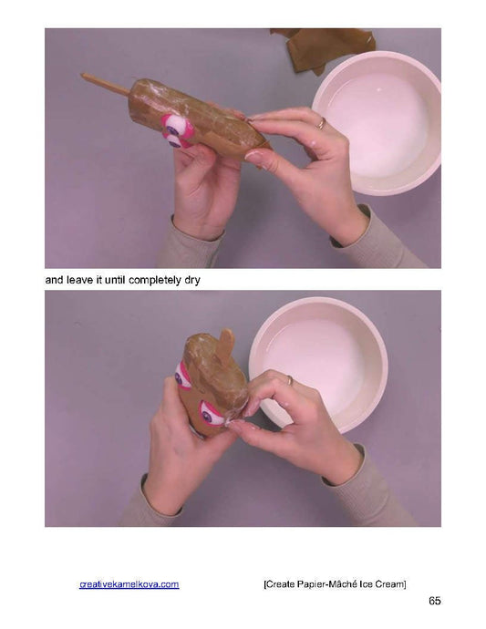 Applying and drying papier-mâché layers on ice cream character with moving eyes – hands-on crafting step