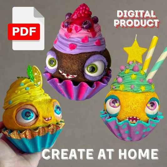 Papier-mâché cupcakes with expressive toppings – DIY craft tutorial for beginners in digital PDF format