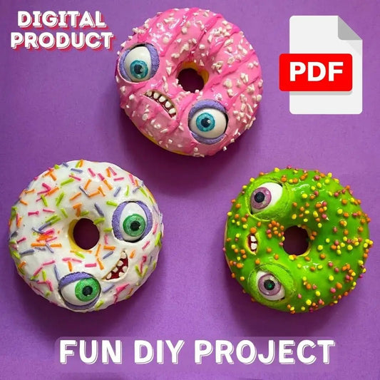 Funny papier-mâché donuts with candy sprinkles and moving eyes – digital step-by-step PDF guide