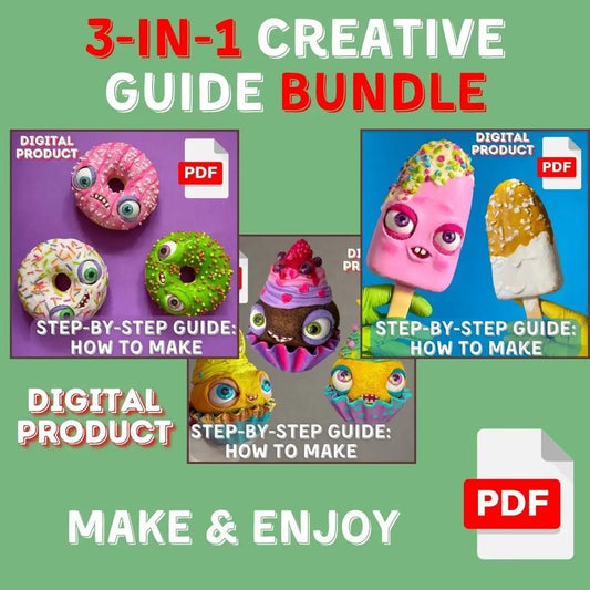 Bundle of three DIY papier-mâché guides – donuts, cupcakes, and ice cream projects in colorful PDF format