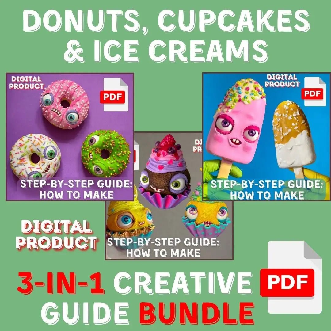Promo image for 3-in-1 creative PDF guide bundle – donuts, cupcakes, ice cream