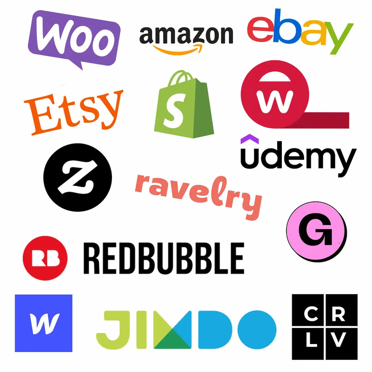 Logos of popular platforms for creatives – Etsy, Shopify, Udemy, etc.