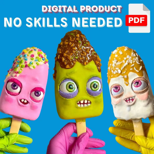 Papier-mâché popsicle characters with colorful toppings – funny DIY craft from digital PDF guide, no sculpting skills