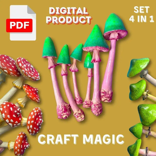 4-in-1 set of papier-mâché mushrooms – DIY step-by-step PDF guide for toadstools and forest scene decoration