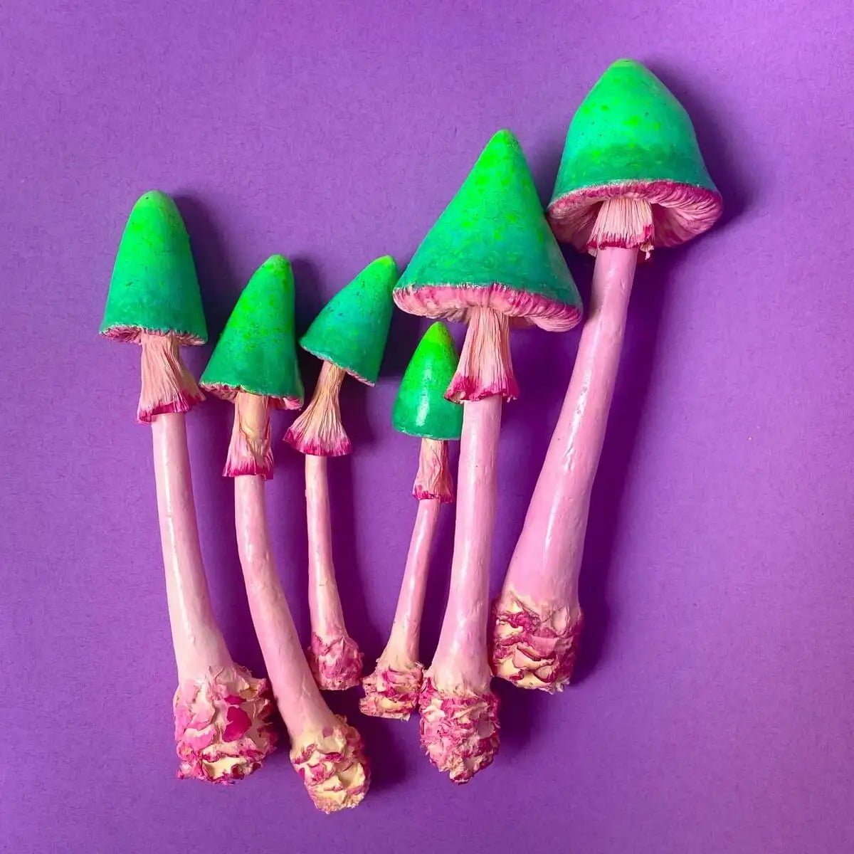 Full set of 6 papier-mâché mushrooms in three sizes on purple background