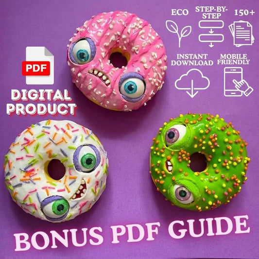 papier-mâché donuts – pink, white and green donuts with googly eyes and colorful sprinkles, bonus PDF included