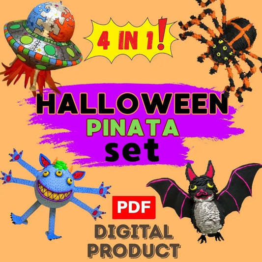 Halloween papier-mâché piñata set – 4-in-1 DIY PDF cover with bat, spider, and UFO decorations