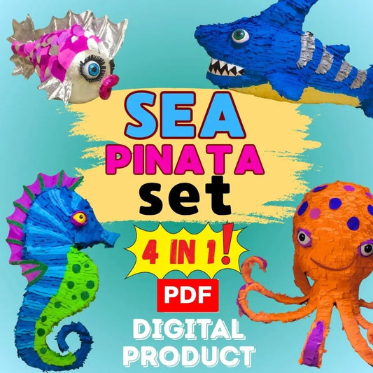 Sea-themed papier-mâché piñatas – fish, shark, seahorse, and octopus – from DIY PDF guide for party crafts