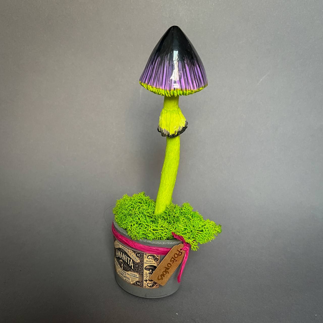 Fantasy mushroom pencil with neon green stem and black-pink papier-mâché cap – handmade creative gift