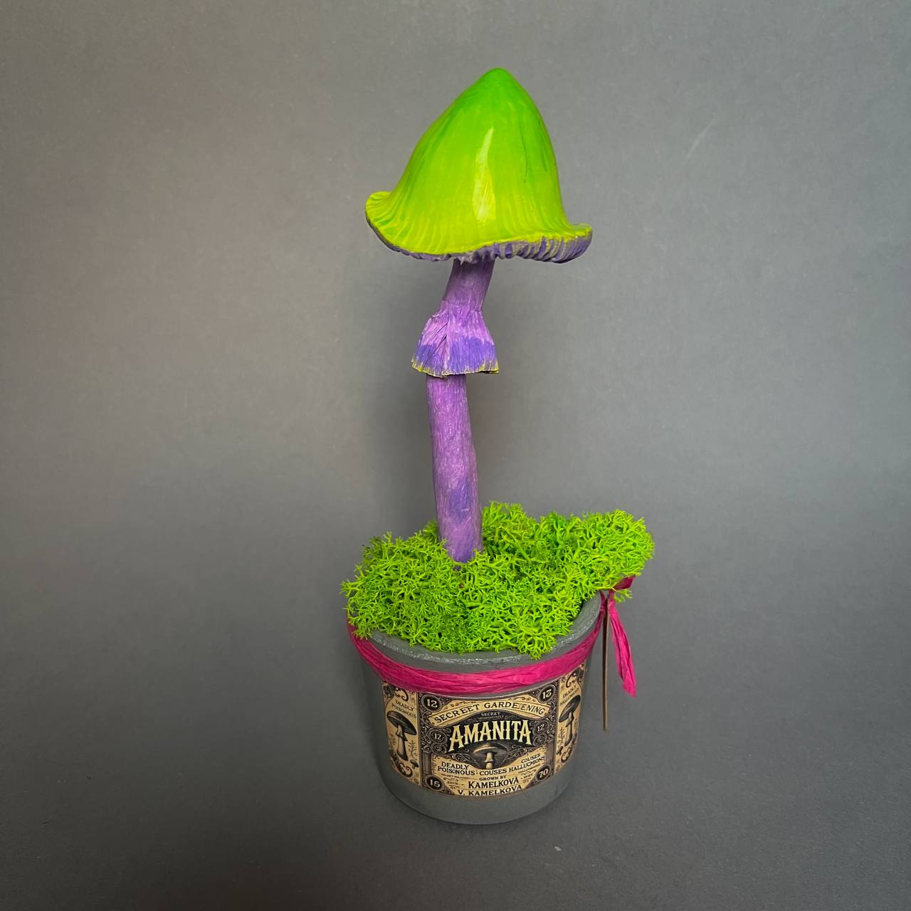 Green and purple mushroom pencil with clay pot and moss – whimsical papier-mâché accessory