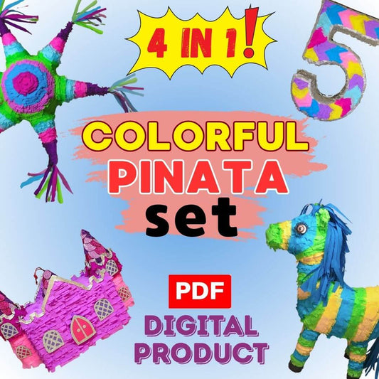 Colorful Piñata Set – 4 papier-mâché piñatas: star, number, castle, pony. 4-in-1 PDF guide for creative DIY projects.
