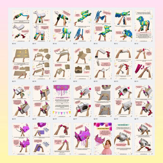 Photo instructions for castle, donkey, and star piñatas – process pages from the Colorful Piñata Set papier-mâché PDF guide.