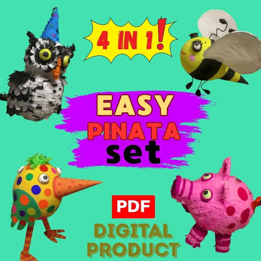Cover of DIY Guide: Easy Piñata Set – 4 Papier-Mâché Projects (Owl, Bee, Pig, Party Bird)