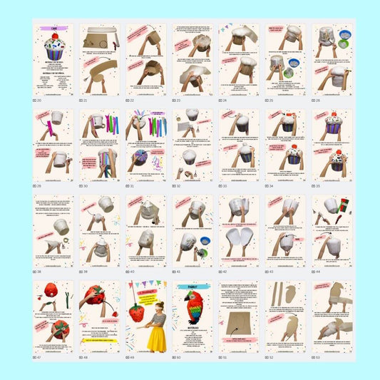 Instructions for cupcake, strawberry, and parrot piñatas – photo tutorials from the Tropical Piñata Set papier-mâché PDF.