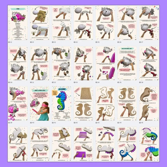 Preview of PDF guide pages – step-by-step instructions for fish and seahorse papier-mâché piñatas, DIY craft tutorial layout
