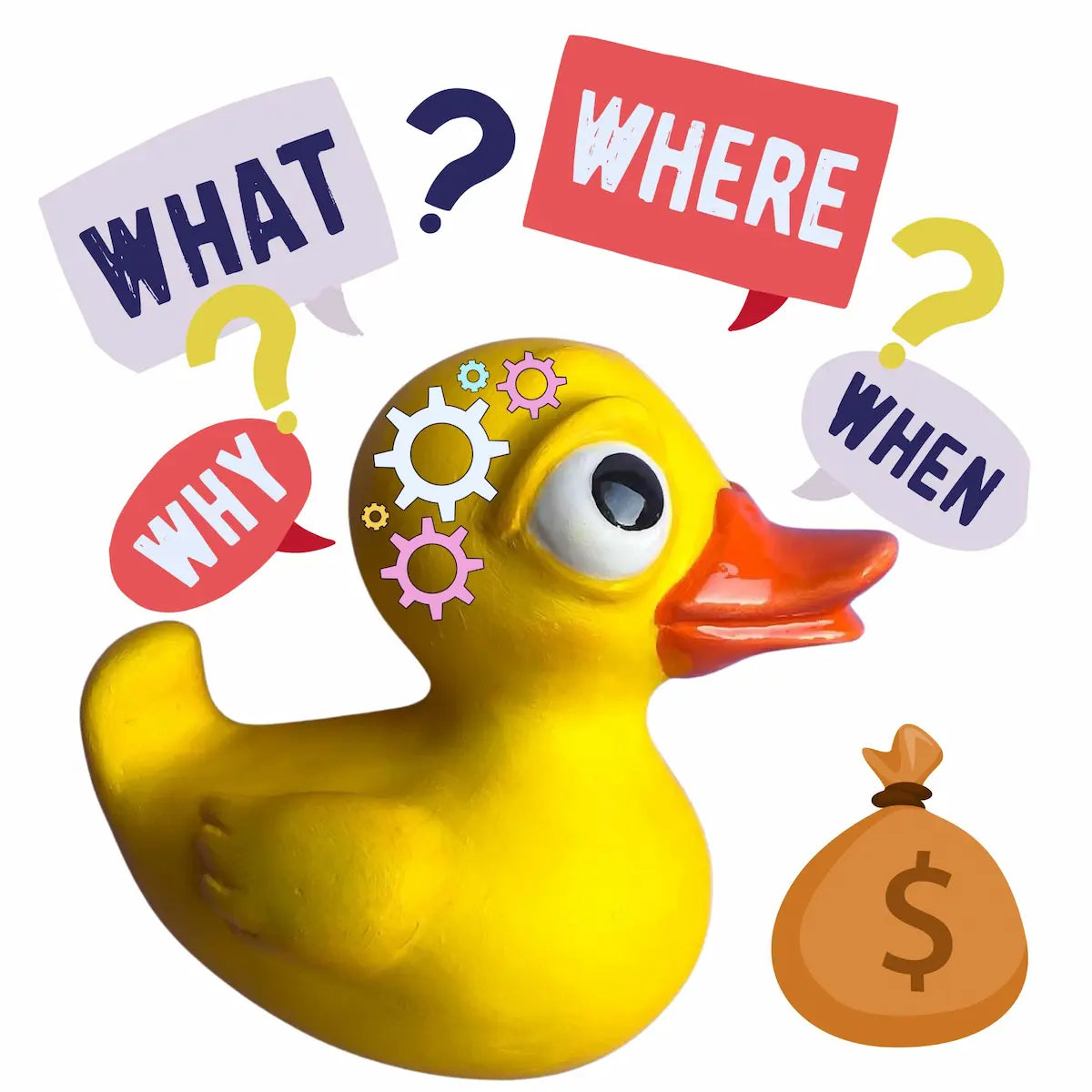 Duck character with icons and text – What, Where, Why, When