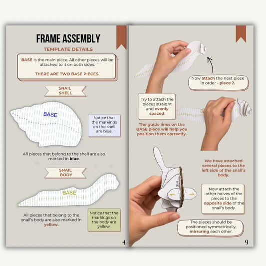 Step-by-step assembly instructions for the snail cardboard frame template