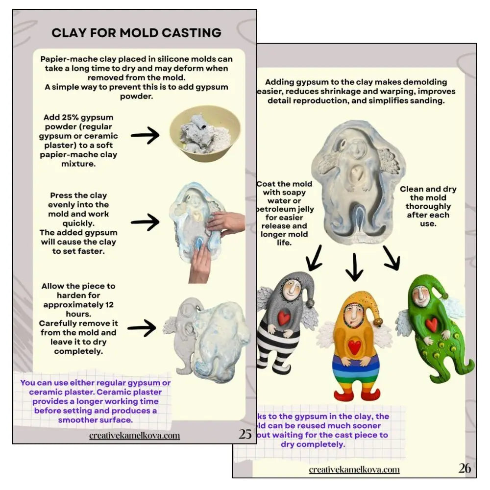 An educational infographic titled 'CLAY FOR MOLD CASTING' with text instructions, arrows, and small illustrations of clay figures and a clay mold, presented on a white page with gray side borders.