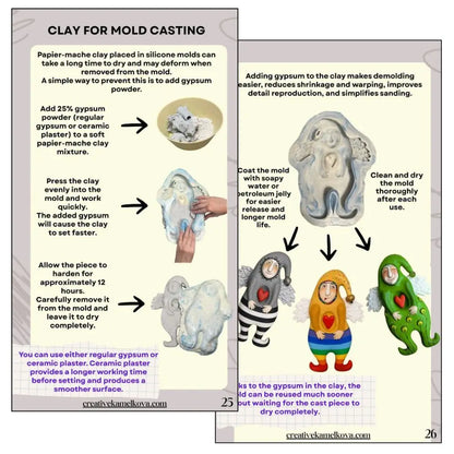 An educational infographic titled 'CLAY FOR MOLD CASTING' with text instructions, arrows, and small illustrations of clay figures and a clay mold, presented on a white page with gray side borders.