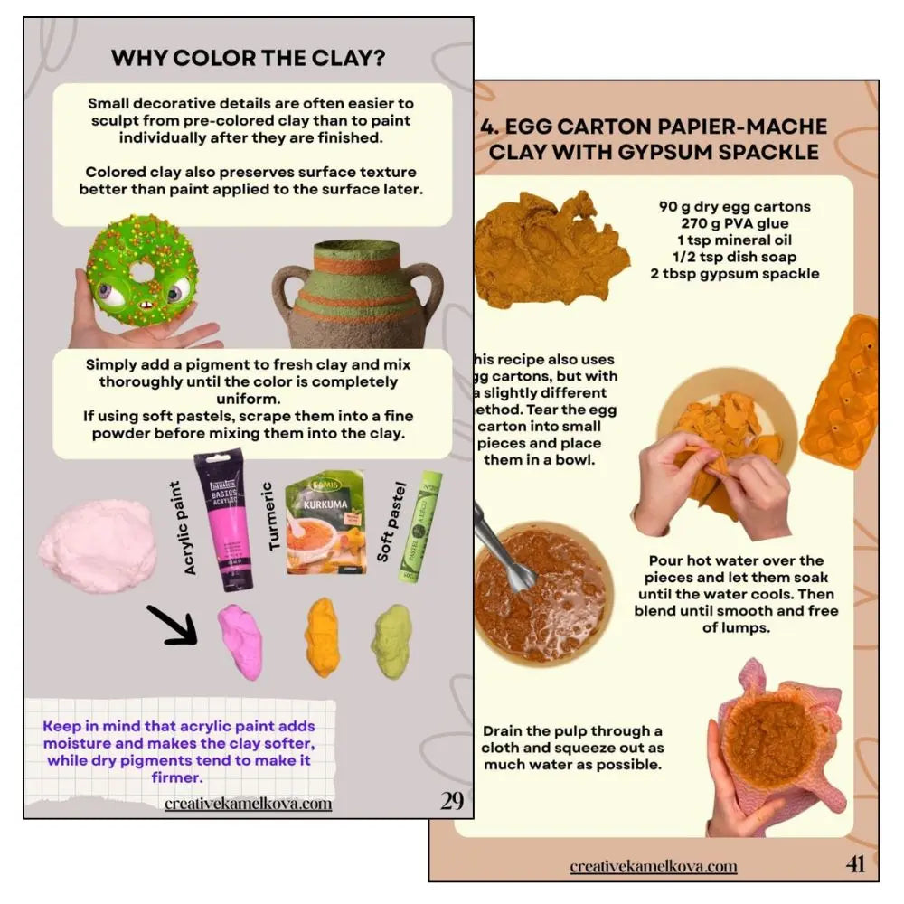 A two-page educational guide titled 'Why Color the Clay?' showing step-by-step instructions, ingredient lists, and photos of clay work, including a green clay dragon, a terracotta pot, pastel sticks, and dried paper-mache egg cartons on a beige and lavender background.