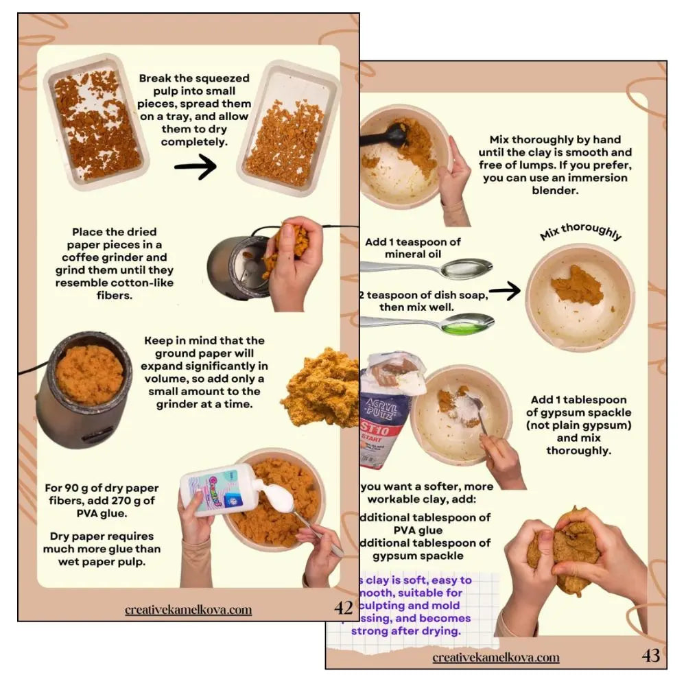 A two-page DIY paper towel panel showing step-by-step instructions, photos of hands making the product, and diagrams of the process. The left page shows wet paper pulp, dried paper pieces, a coffee grinder, dish soap, and a glue bottle.