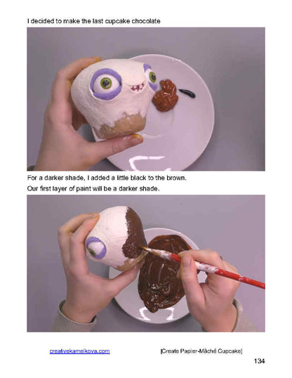 Painting papier-mâché cupcake character with chocolate brown shade – DIY fake food tutorial with expressive eyes