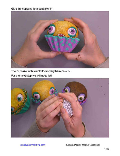 Gluing papier-mâché cupcake character into a colorful mold and preparing foil for next DIY step
