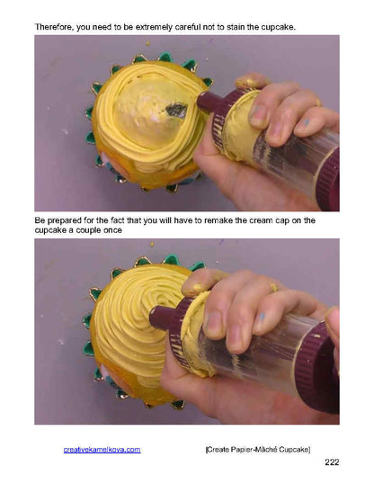 Piping faux cream swirl onto papier-mâché cupcake using a plastic dispenser – detailed DIY decoration step