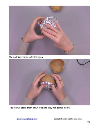 Securing moving eyes inside papier-mâché cupcake using foil – step-by-step tutorial process