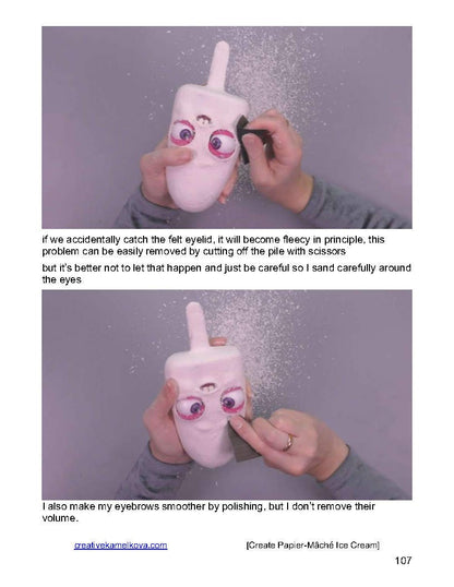 Sanding papier-mâché popsicle face with moving eyes – finishing details of DIY ice cream craft