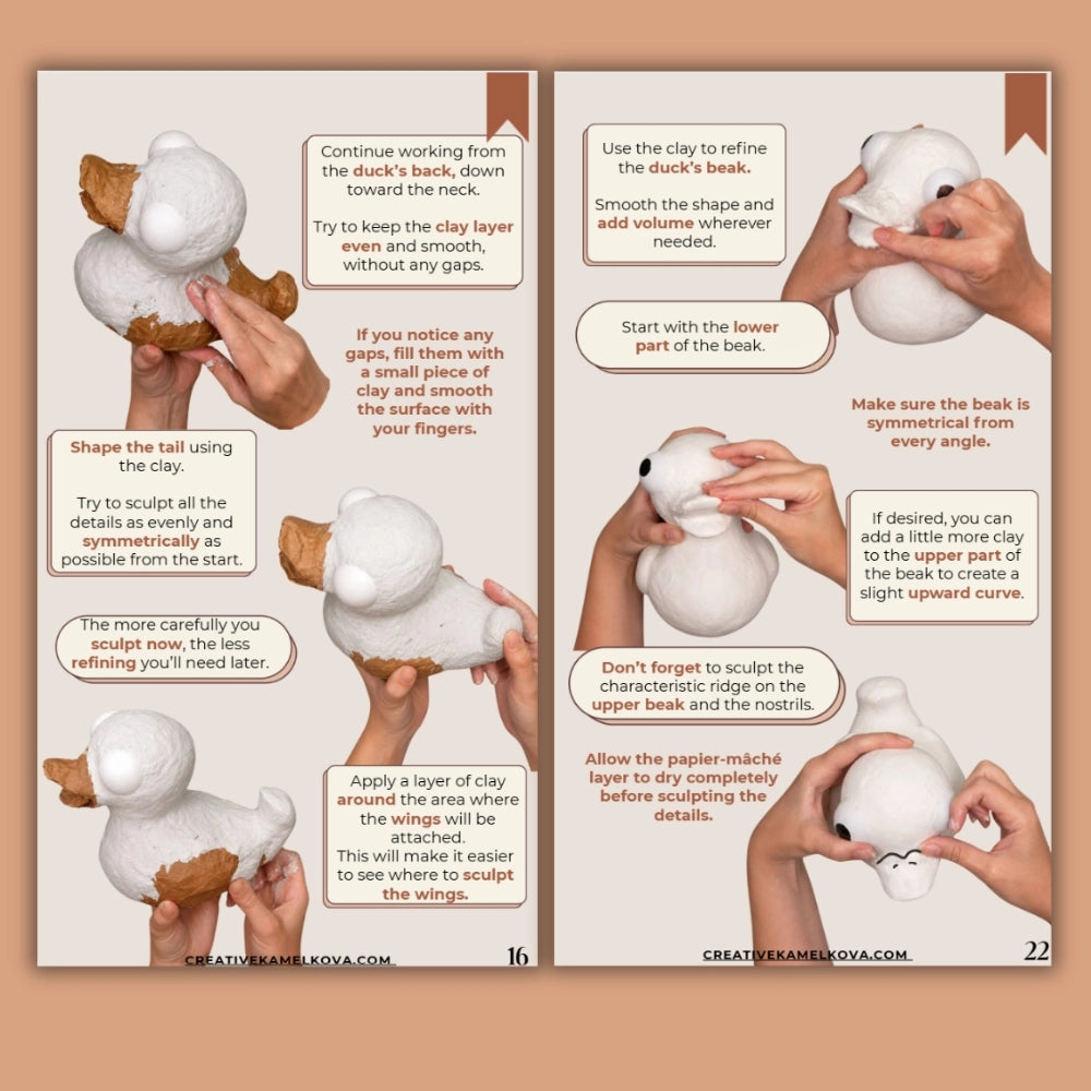 A two-page illustrated clay sculpting guide with step-by-step instructions, showing hands shaping a paper-mache bird with white clay on a tan background. The pages include text callouts and numbered steps, with the website CREATIVEXAMPLES.
