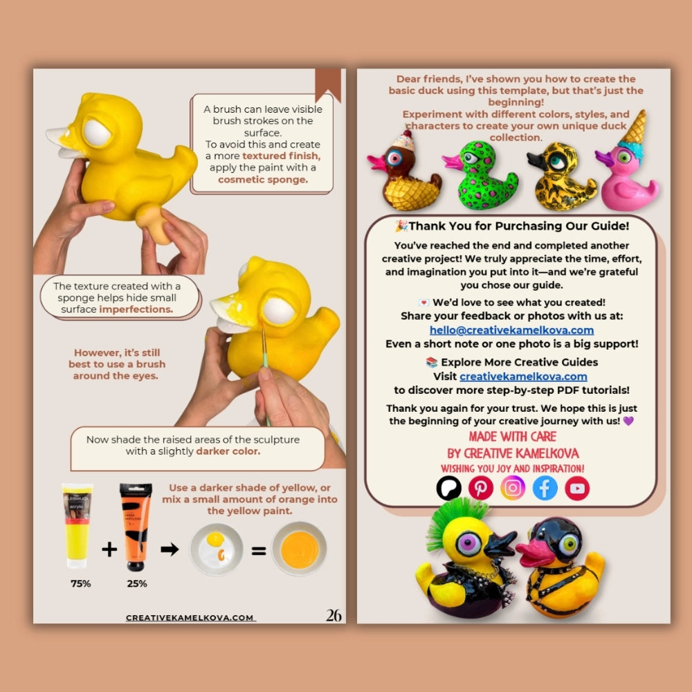 A two-page illustrated clay sculpting guide with step-by-step instructions, showing hands shaping a paper-mache bird with white clay on a tan background. The pages include text callouts and numbered steps, with the website CREATIVEXAMPLES.