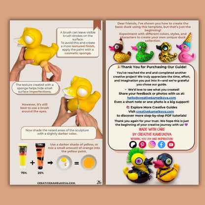A two-page illustrated clay sculpting guide with step-by-step instructions, showing hands shaping a paper-mache bird with white clay on a tan background. The pages include text callouts and numbered steps, with the website CREATIVEXAMPLES.