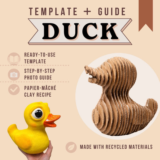 Promotional graphic for a duck-themed template and guide, showing a yellow rubber duck held in a hand and a layered cardboard duck model on a beige background with text reading 'TEMPLATE + GUIDE DUCK' and feature callouts.