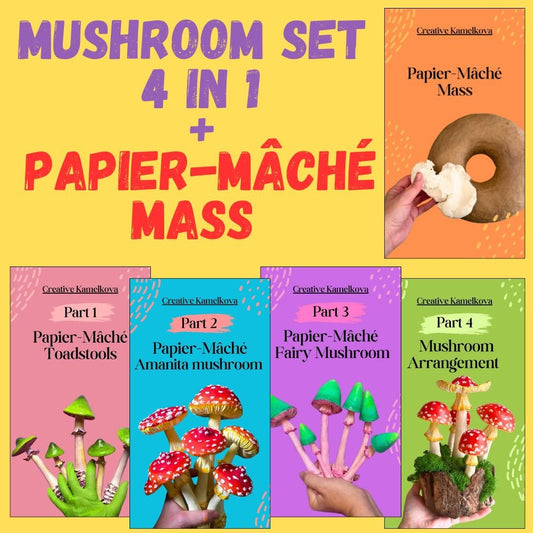 4-in-1 papier-mâché mushroom guide with tutorial on papier-mâché mass – toadstools, amanita, fairy mushrooms and forest scene