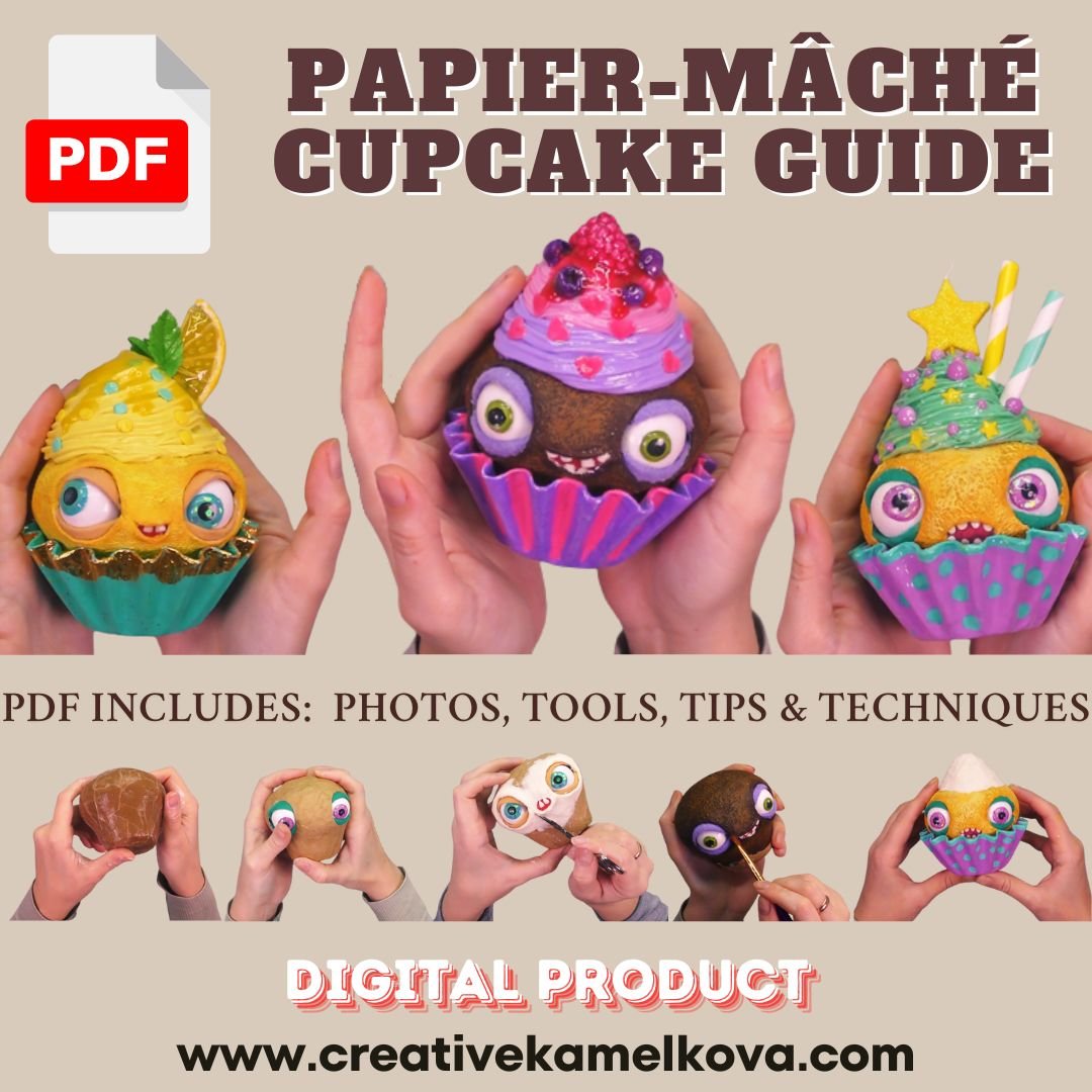 Papier-mâché cupcake guide cover – digital PDF tutorial with 3 cupcake characters, photos, tools, and techniques