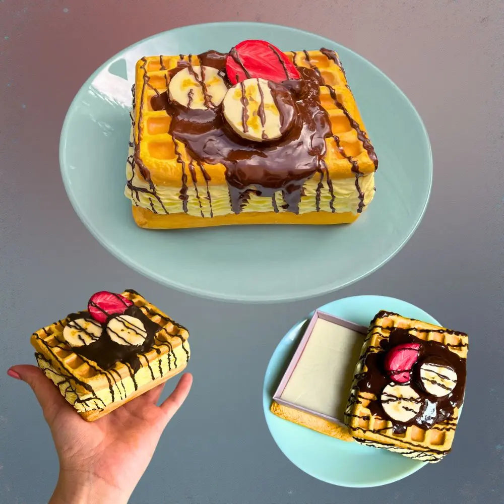 Papier-mâché waffle trinket box with chocolate and banana design – handmade DIY project