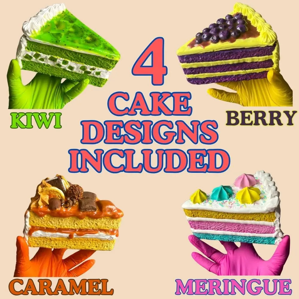 Four realistic cake box designs including kiwi berry caramel and meringue styles