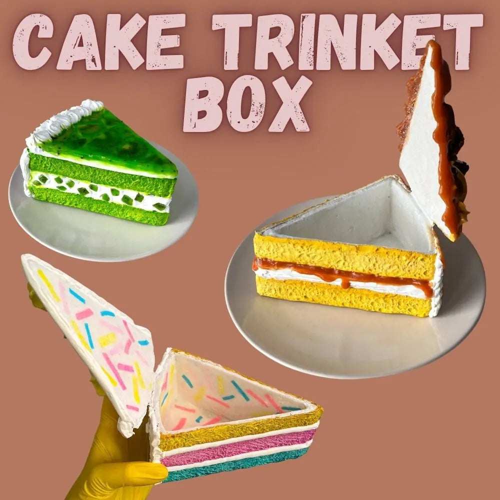 Handmade cake slice trinket box with hidden storage compartment open