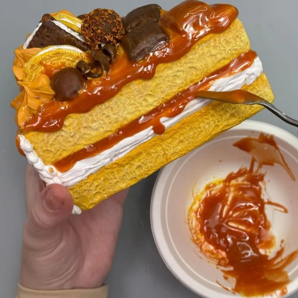 Close up of making realistic caramel cake box with detailed texture and topping