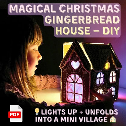 Girl looking at glowing gingerbread house that lights up and unfolds into a mini village, DIY papier-mâché craft