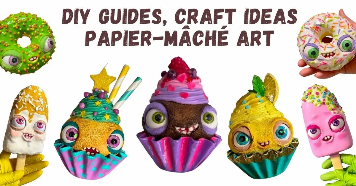 Colorful papier-mâché donut and cupcake figurines with quirky monster faces – DIY craft ideas and tutorials