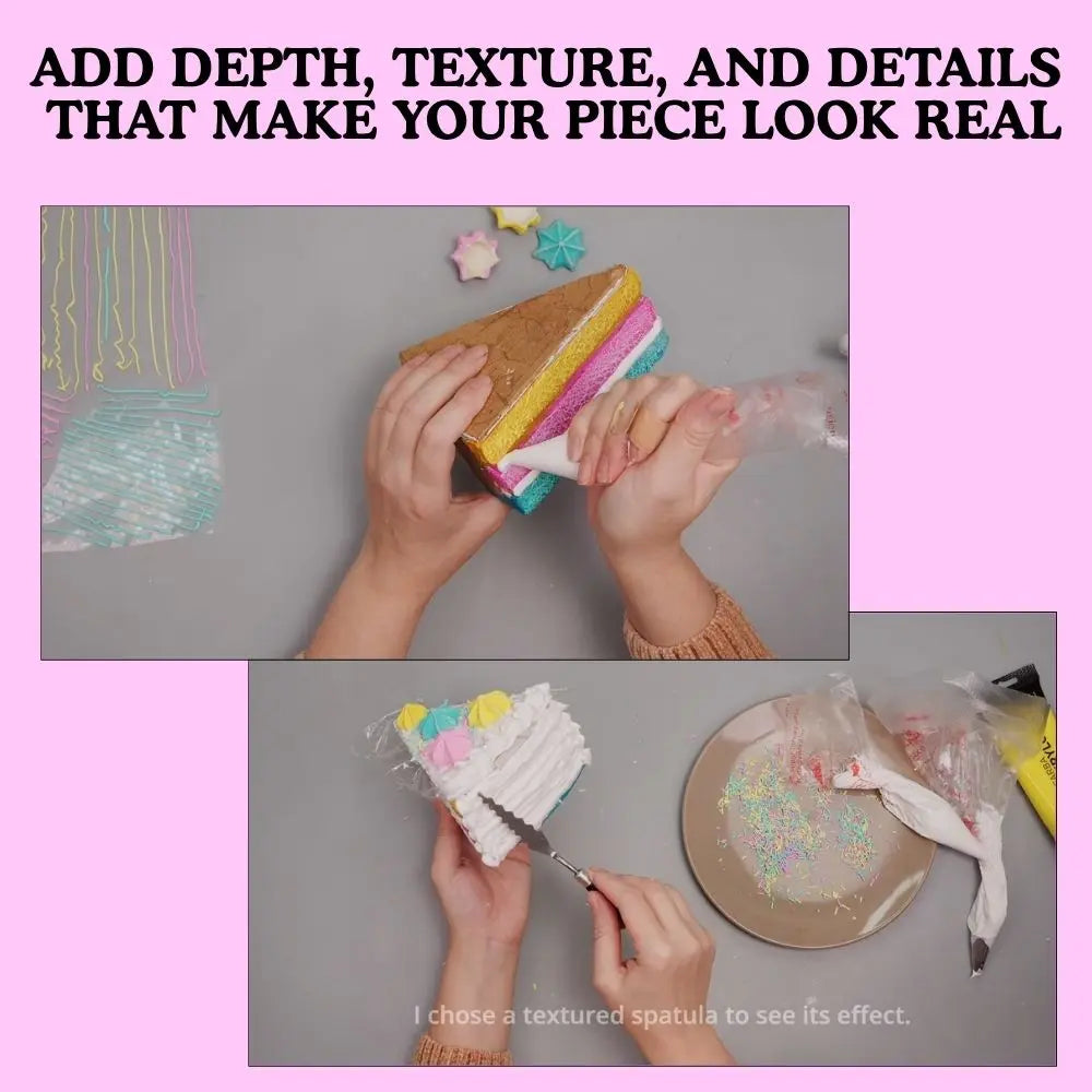 adding frosting texture and layered details to a handmade fake cake using piping and decorating techniques