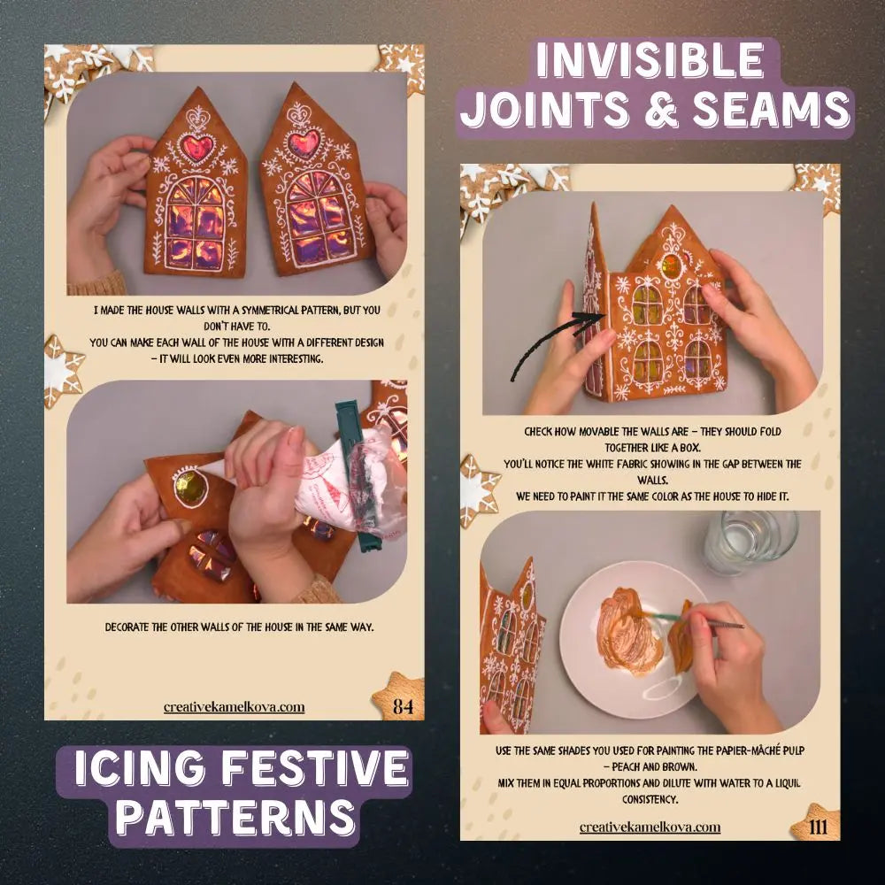 Decorating a papier-mâché gingerbread house with icing patterns and hiding seams for a seamless final look