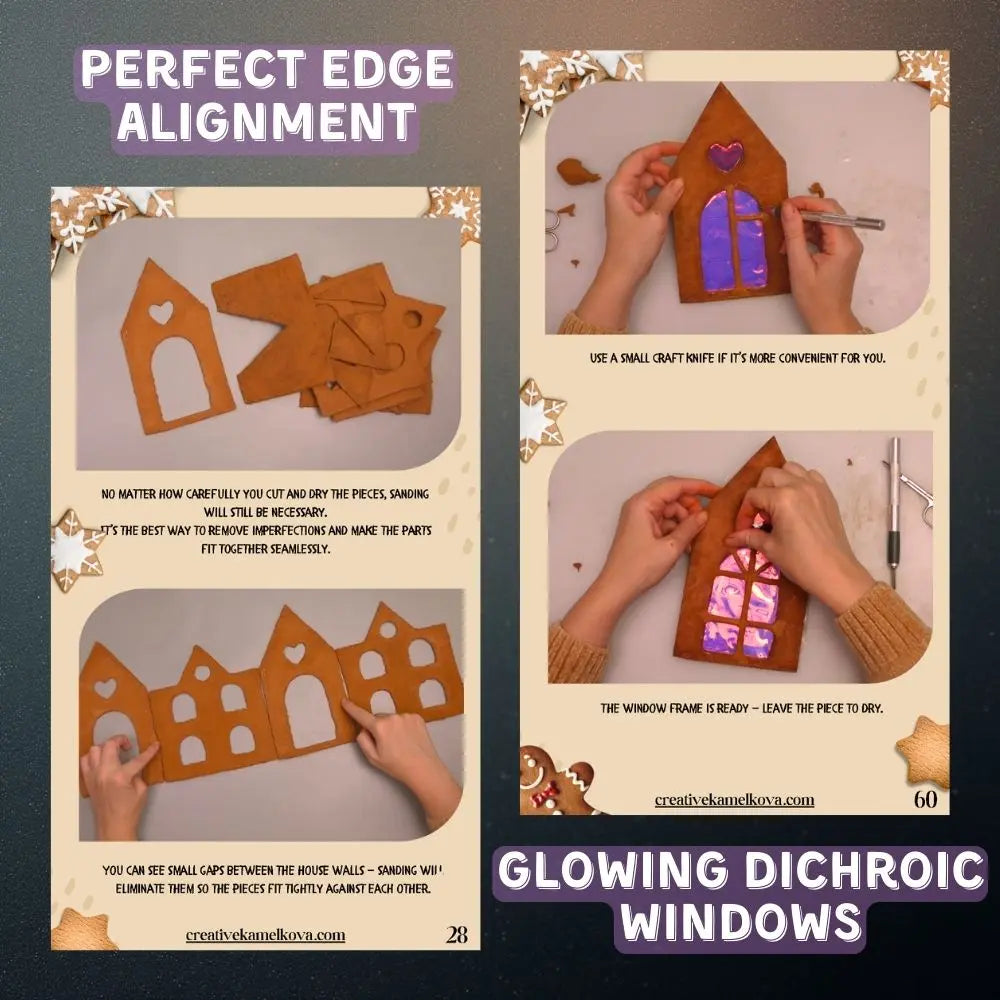 Aligning gingerbread house pieces and installing glowing dichroic film windows in a DIY papier-mâché project