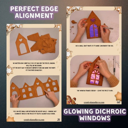 Aligning gingerbread house pieces and installing glowing dichroic film windows in a DIY papier-mâché project
