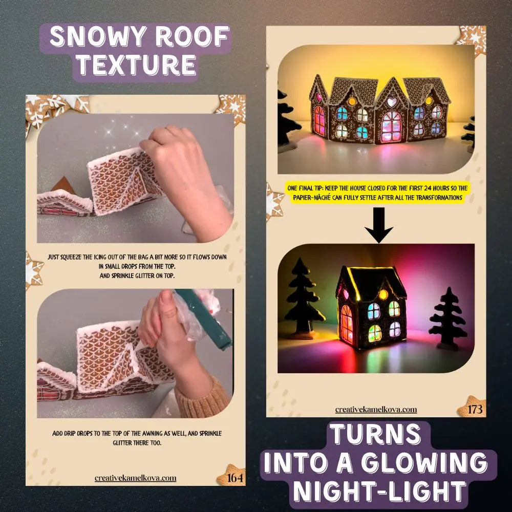 Adding snowy roof texture to a DIY papier-mâché gingerbread house before turning it into a glowing night light