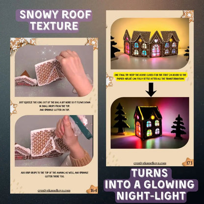 Adding snowy roof texture to a DIY papier-mâché gingerbread house before turning it into a glowing night light